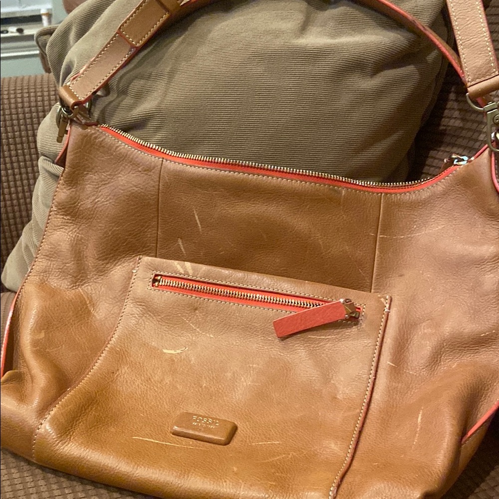 Fossil Tan Leather Shoulder Bag with Orange Accents
